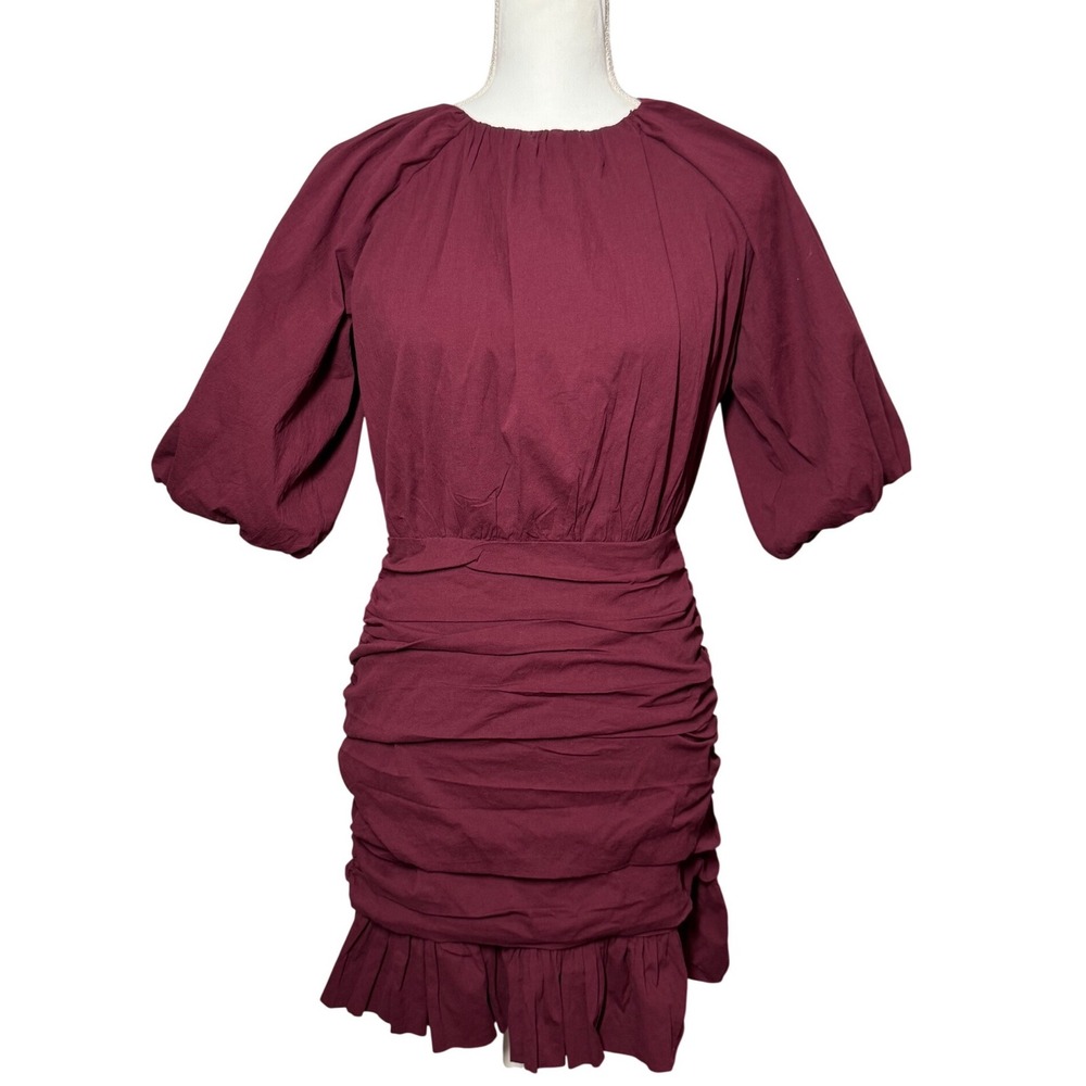 TCEC Ruched Puff Sleeve Mini Dress Medium Burgundy Excellent Ruffle Bodycon